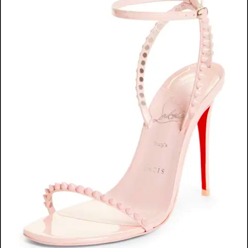 Christian Louboutin Pink Ankle-Strap Studded Stiletto Sandals with Red Sole